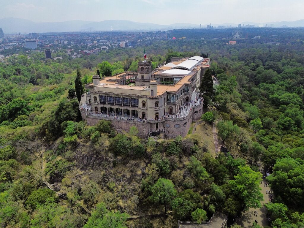 An aerial view of Chapultepec Castle on its hill in Chapultepec Park, Mexico City