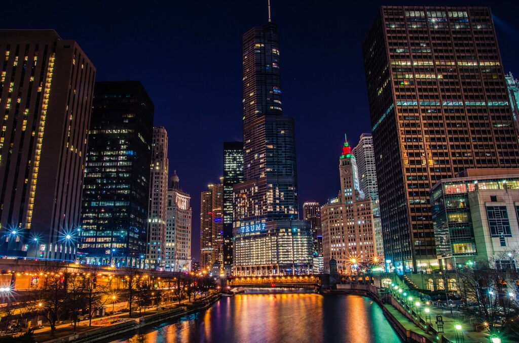 The Chicago Riverwalk beneath the towers of the Chicago River
