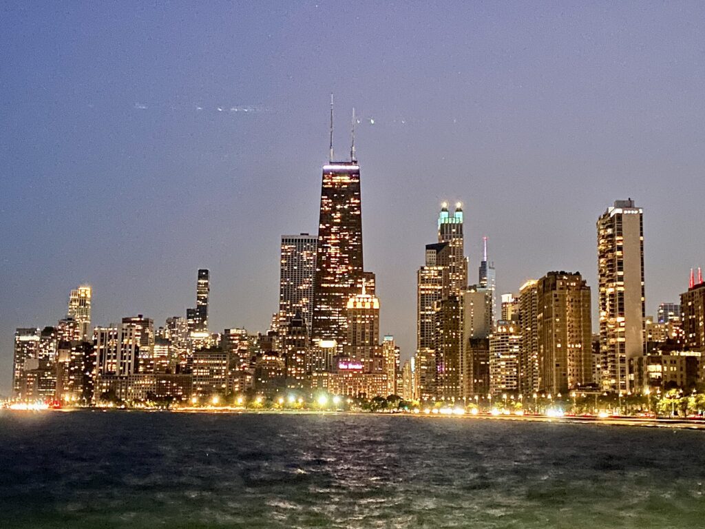 The Chicago skyline from North Avenue Beach on Lake Michigan