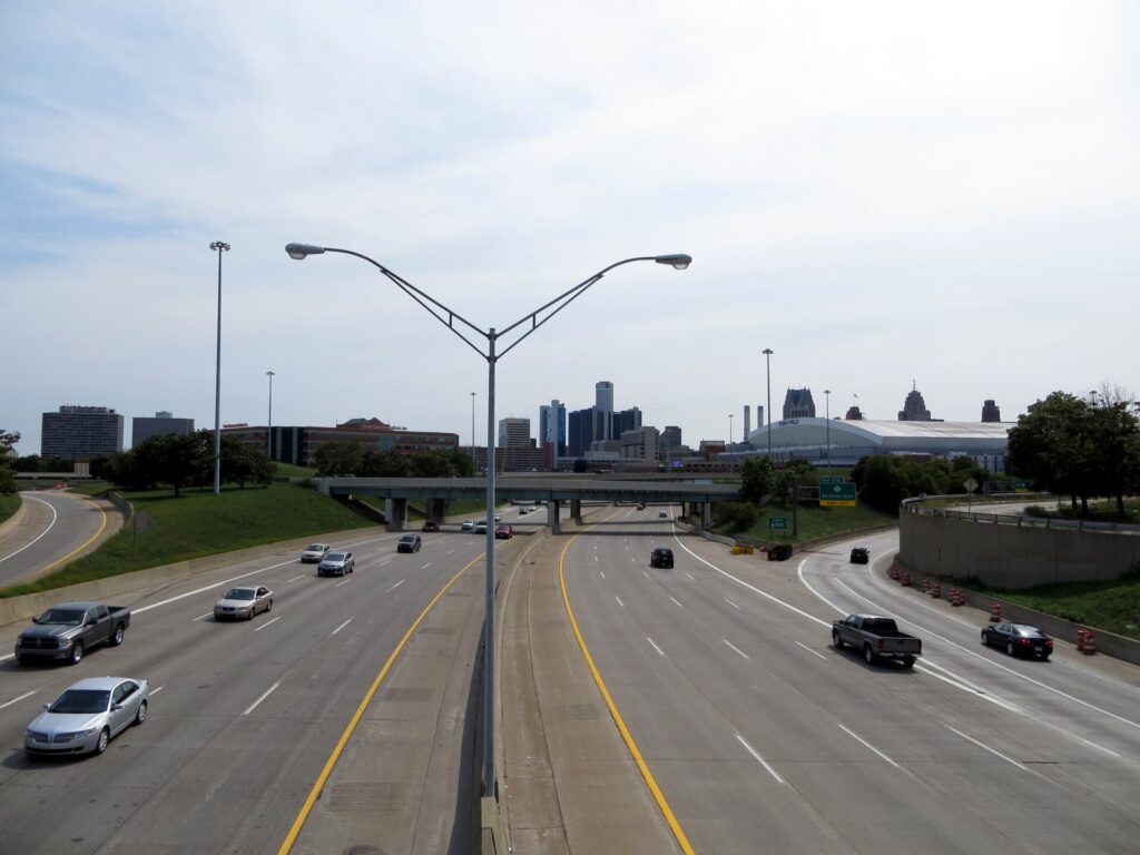 The Chrysler Freeway (I-75) looking south toward downtown Detroit