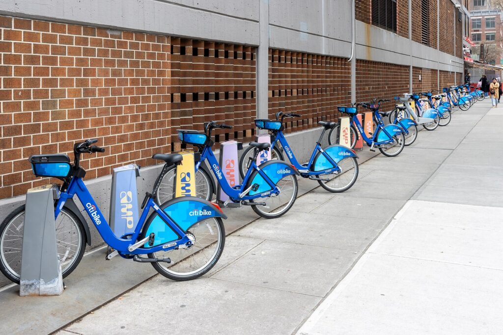 A row of Citi Bikes docked on 42nd Street in Manhattan