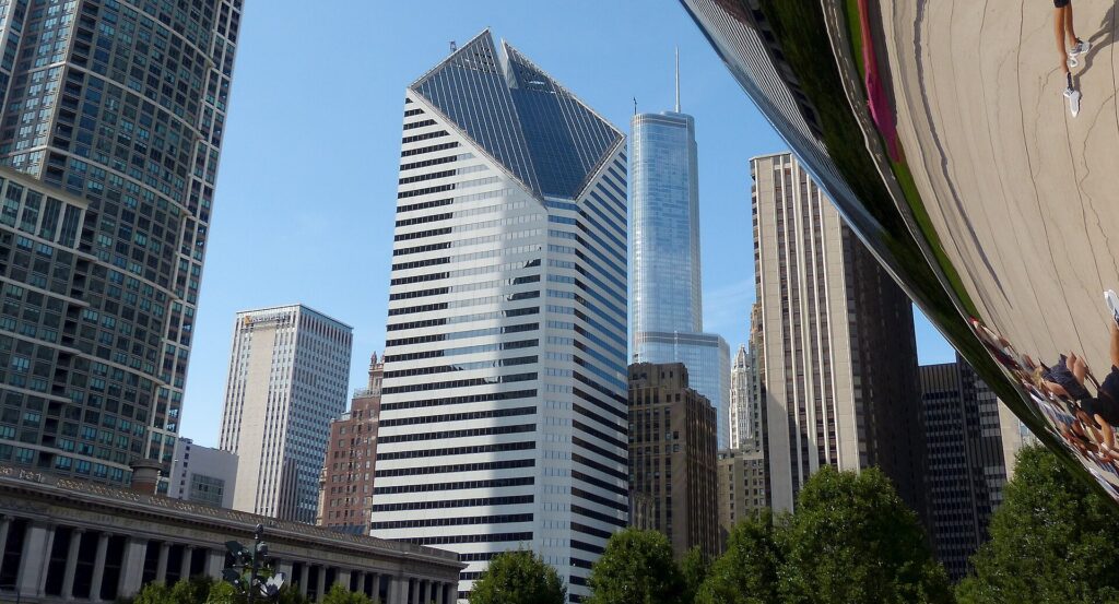 The Chicago skyline reflected in Cloud Gate, the Bean, in Millennium Park
