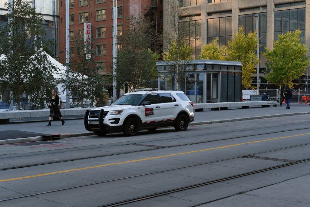 A CTrain light-rail train on 7 Avenue in downtown Calgary