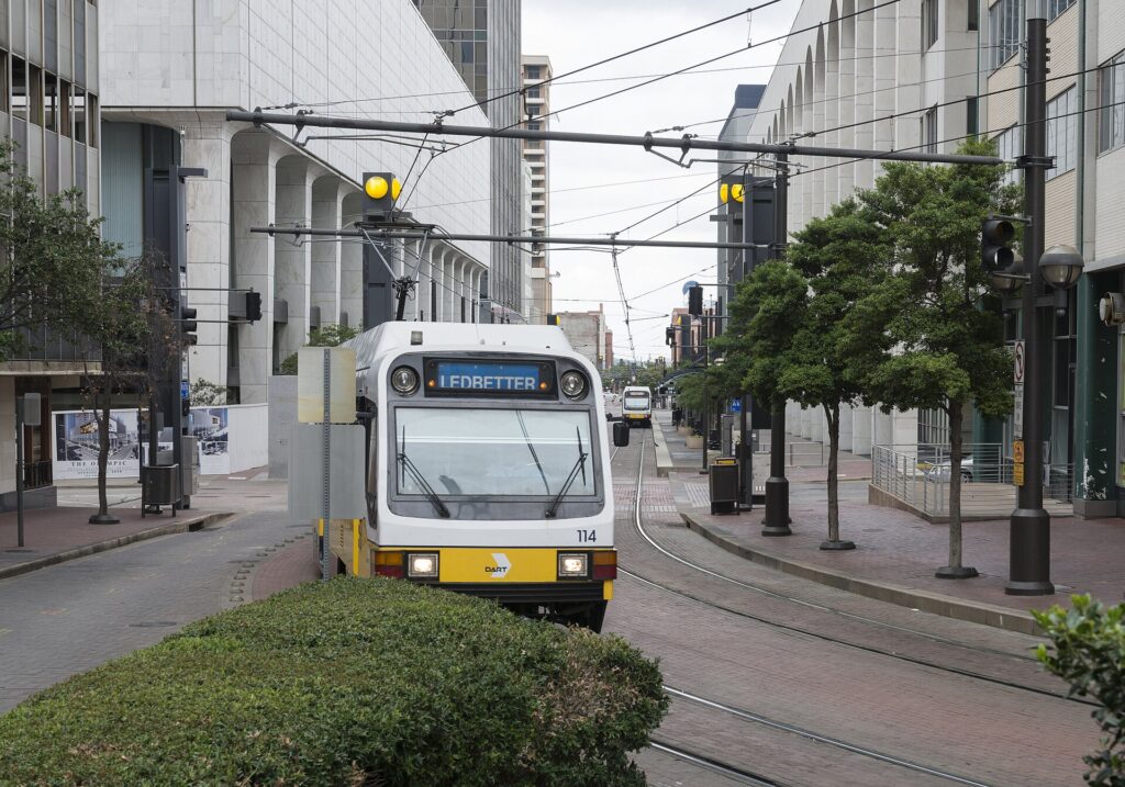 A DART light-rail train in downtown Dallas