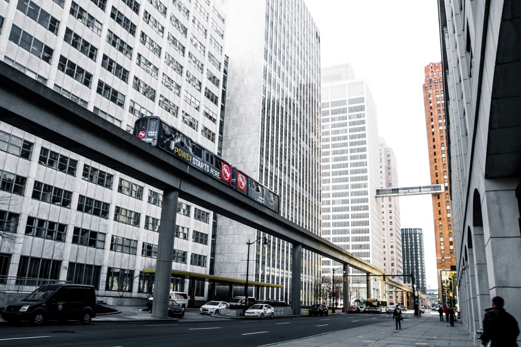 A Detroit People Mover train on its elevated track downtown