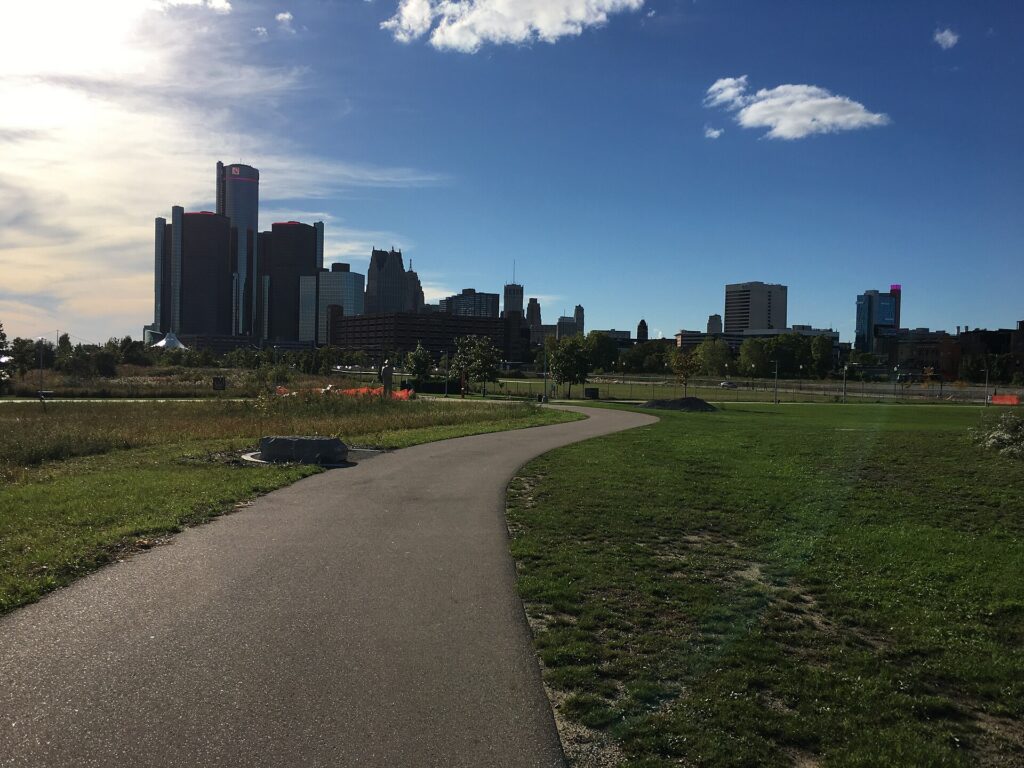 The Detroit RiverWalk at Milliken State Park with downtown Detroit behind