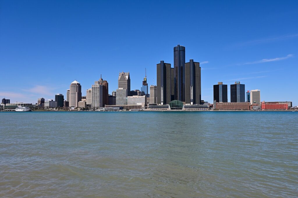 The Detroit skyline across the Detroit River from Windsor, Ontario