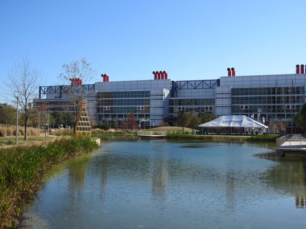 The lake at Discovery Green in downtown Houston, with the George R. Brown Convention Center behind