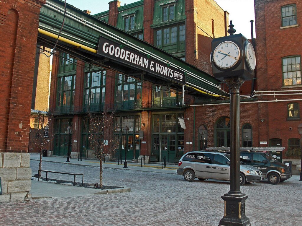 Victorian brick buildings and cobblestone lane in the Distillery District, Toronto