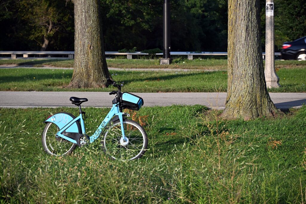 A Divvy bike-share bike on the Lakefront Trail in Chicago