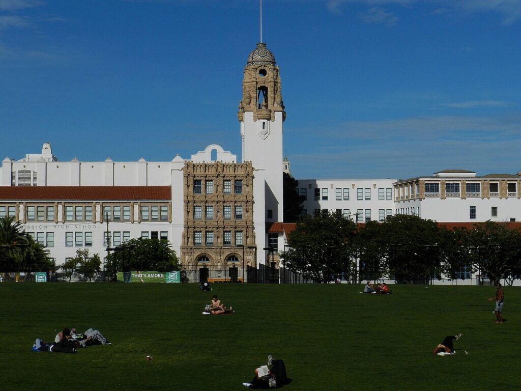 Dolores Park in the Mission District, with the San Francisco skyline behind