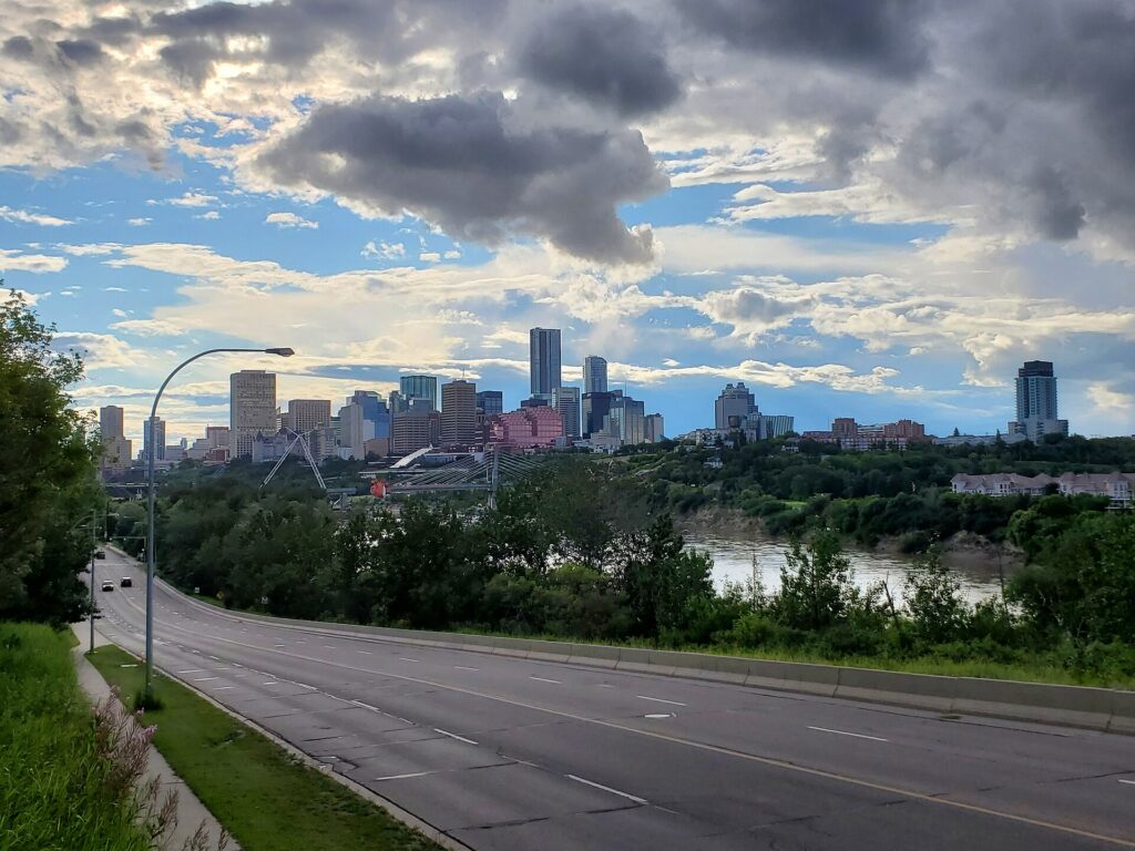 The downtown Edmonton skyline seen from across the river valley