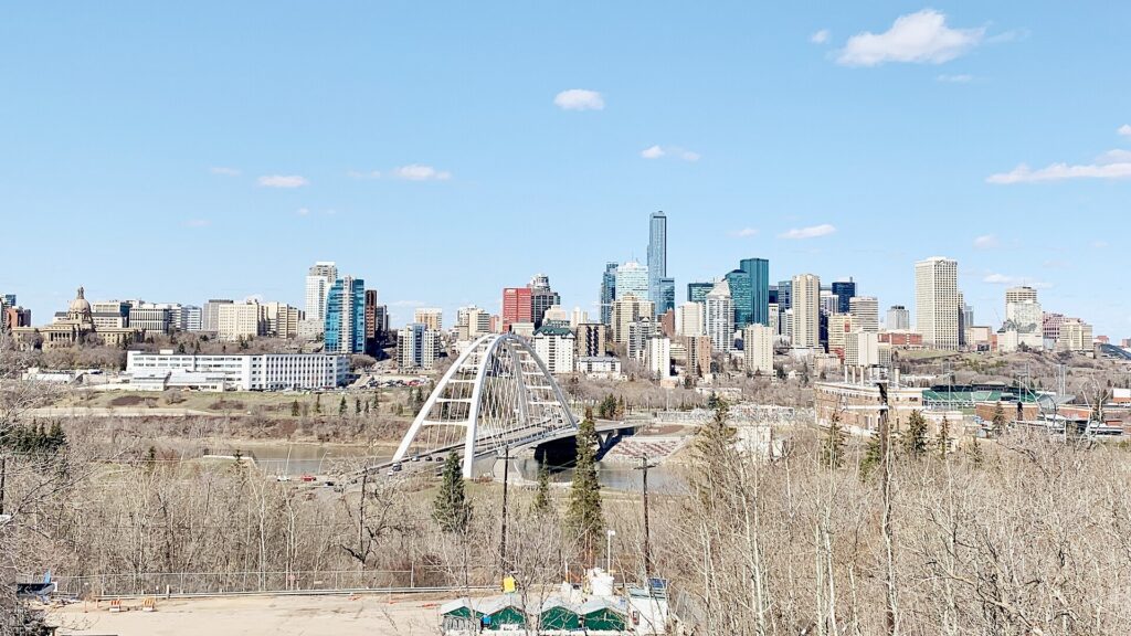 The downtown Edmonton skyline above the North Saskatchewan River valley