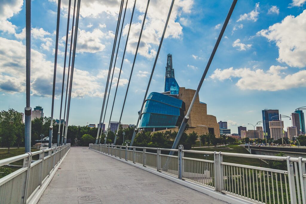The Esplanade Riel pedestrian bridge and the Winnipeg skyline