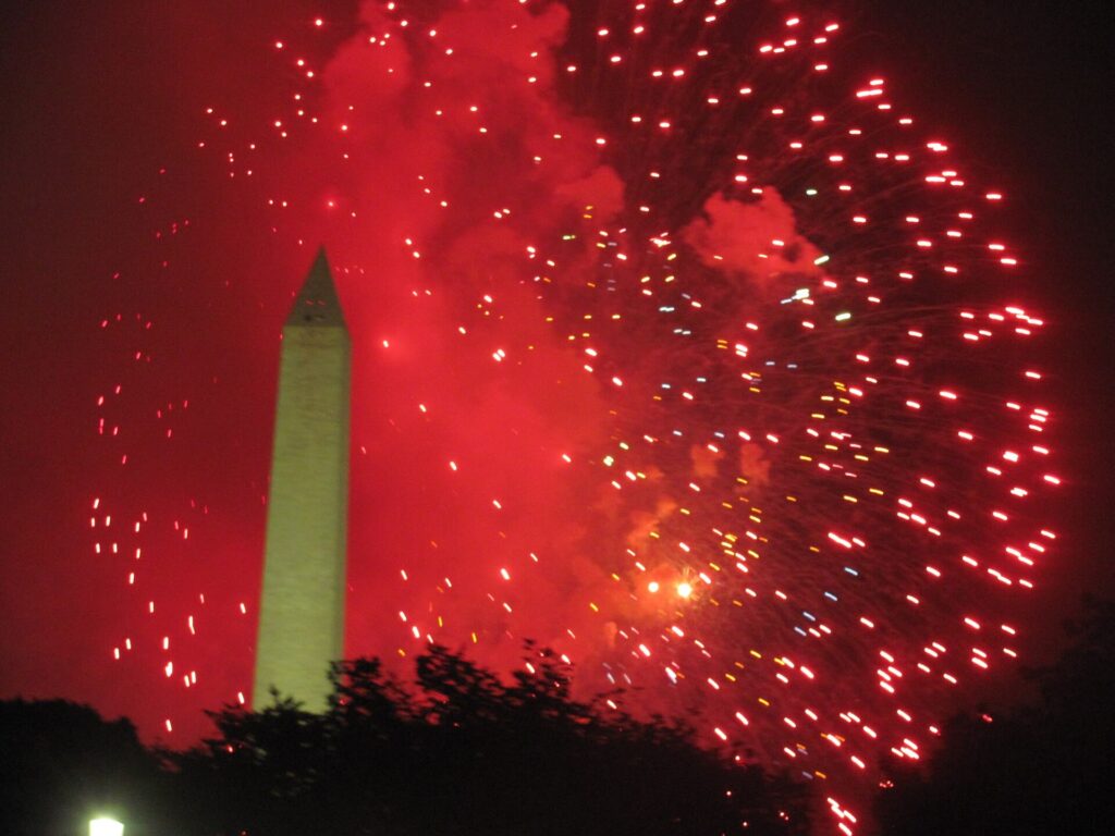 Fourth of July fireworks beside the Washington Monument