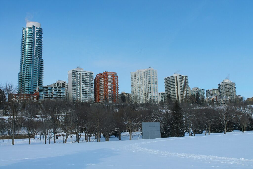 The frozen North Saskatchewan River in Edmonton in winter