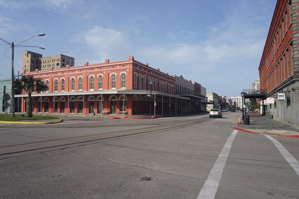 Victorian storefronts in the Strand Historic District in Galveston