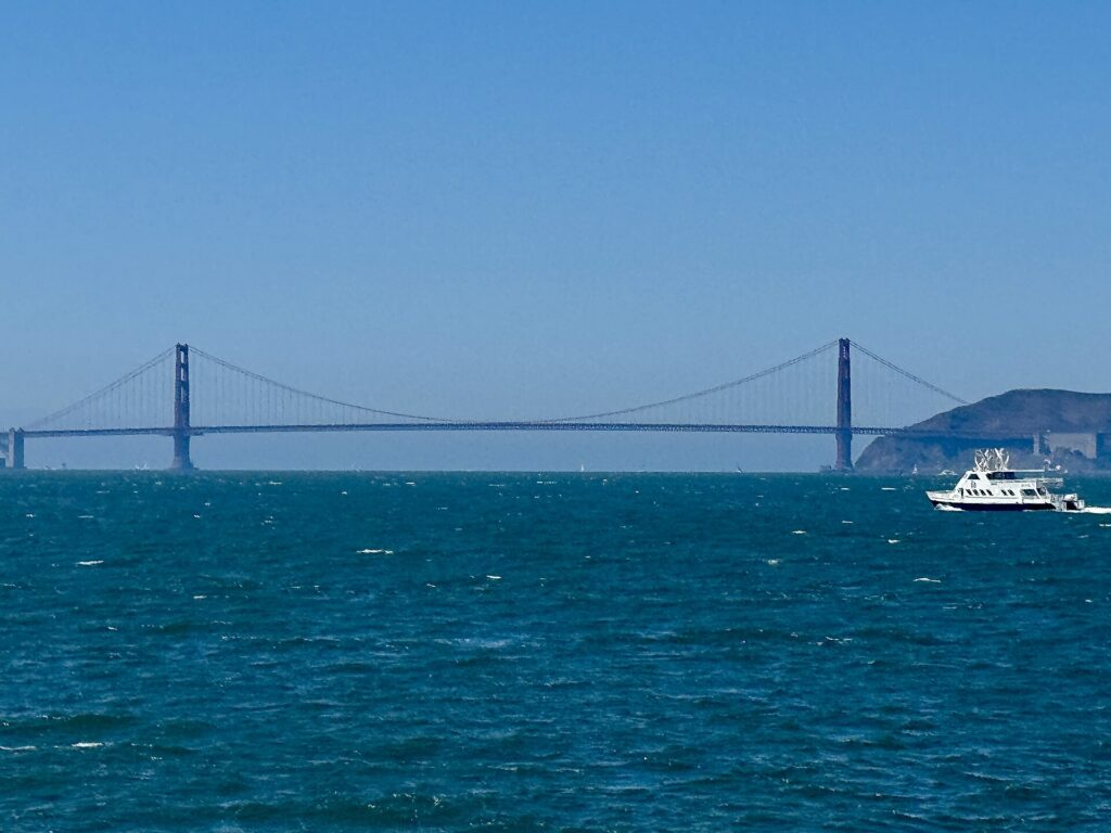 The Golden Gate Bridge seen from a ferry on San Francisco Bay