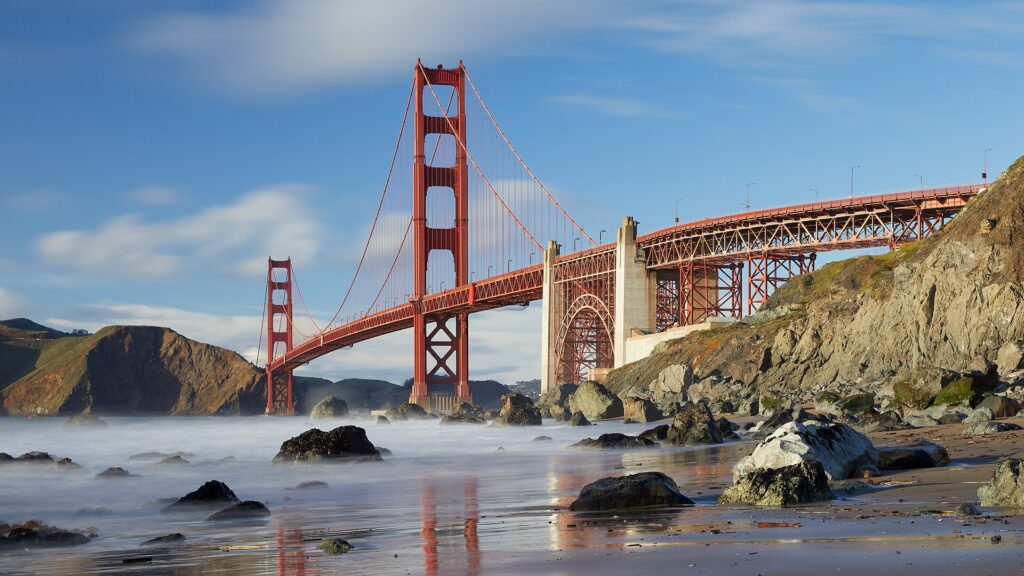 The Golden Gate Bridge seen from Marshall's Beach in the Presidio