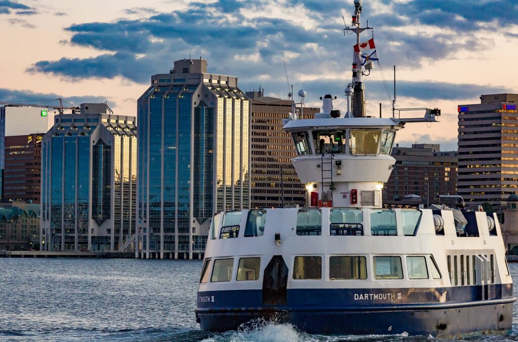 The Halifax skyline at sunset seen from the Dartmouth ferry