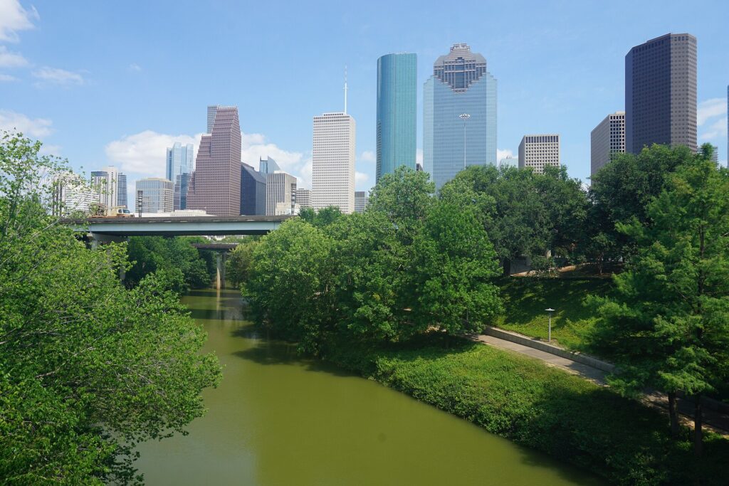 The downtown Houston skyline above Buffalo Bayou Park