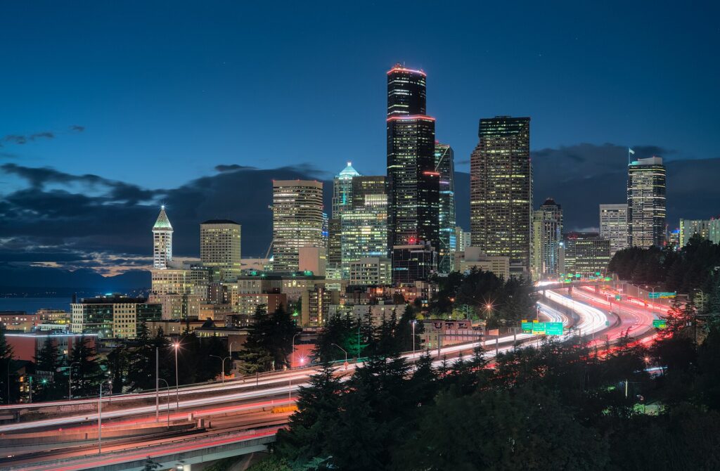 Interstate 5 and the Seattle skyline at dusk