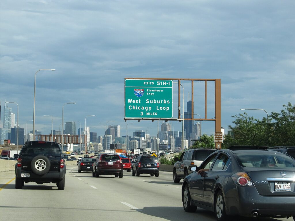 Traffic on the Kennedy Expressway approaching downtown Chicago