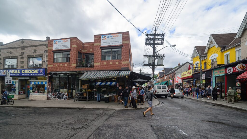 Colourful shopfronts at Kensington Avenue and Baldwin Street in Kensington Market, Toronto