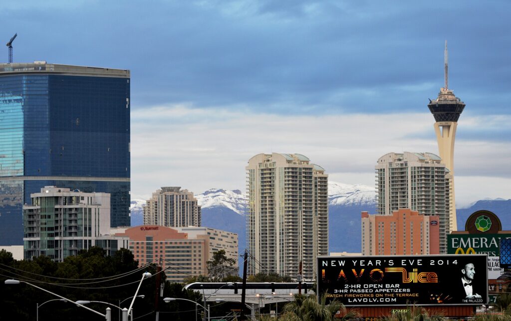 A Las Vegas Monorail train running behind the Strip resorts