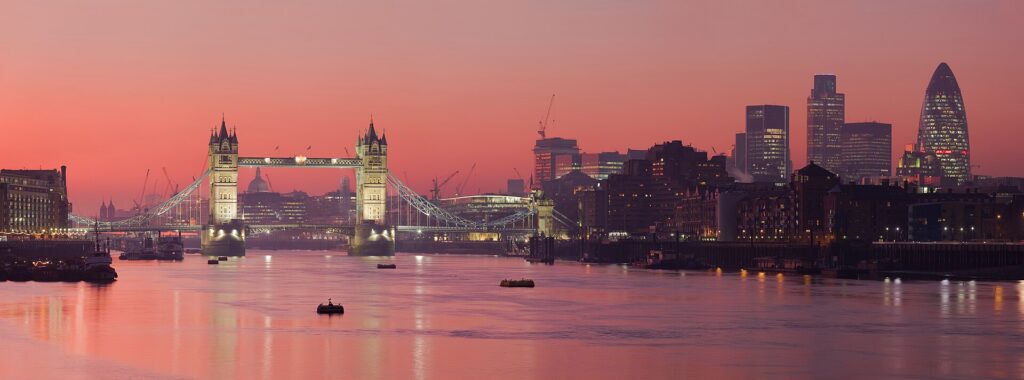 Tower Bridge and the towers of the City of London across the Thames