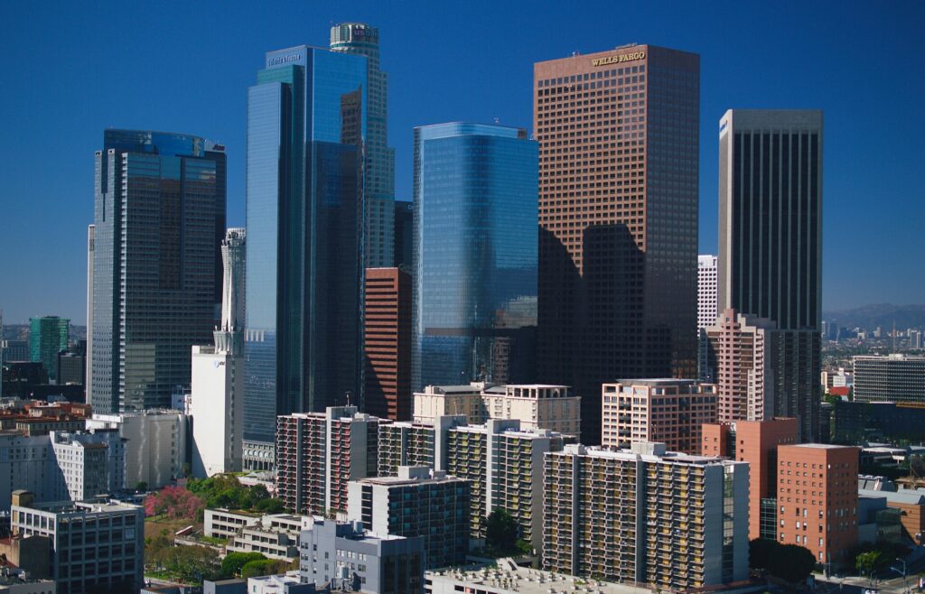 The downtown Los Angeles skyline with the San Gabriel Mountains behind
