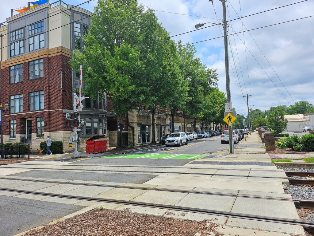 The LYNX Blue Line tracks and Rail Trail at East Park Avenue in South End, Charlotte