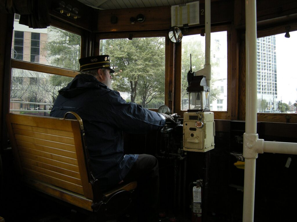 A vintage M-Line trolley on McKinney Avenue in Uptown Dallas
