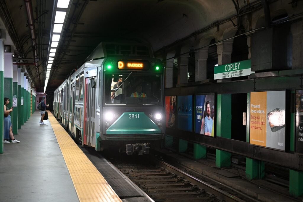 An MBTA Green Line train at Copley station in Back Bay