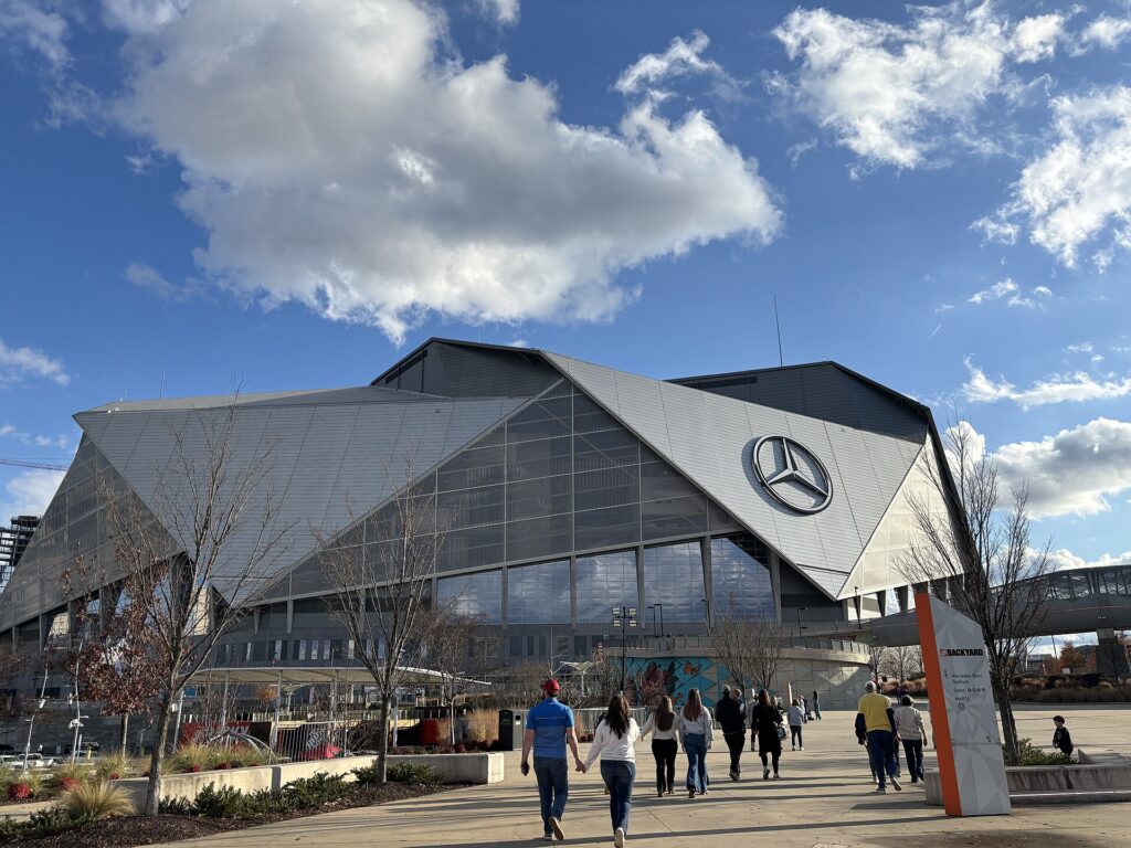 The exterior of Mercedes-Benz Stadium in downtown Atlanta