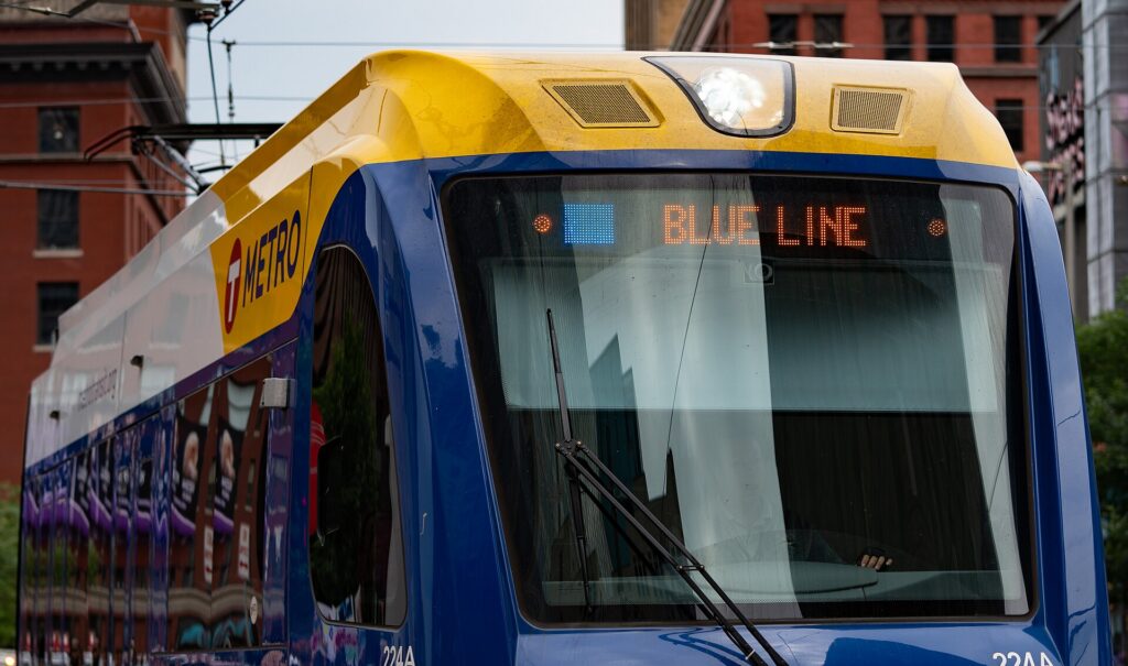 A METRO Blue Line light-rail train in downtown Minneapolis