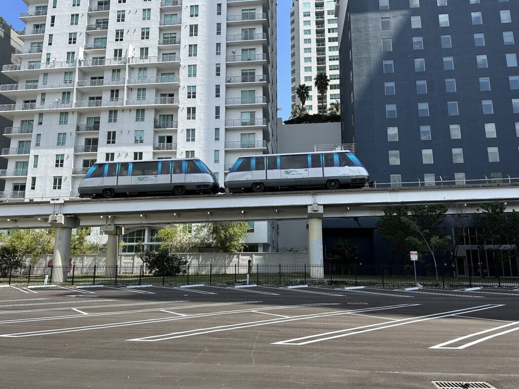 A Metromover car on its elevated track in downtown Miami