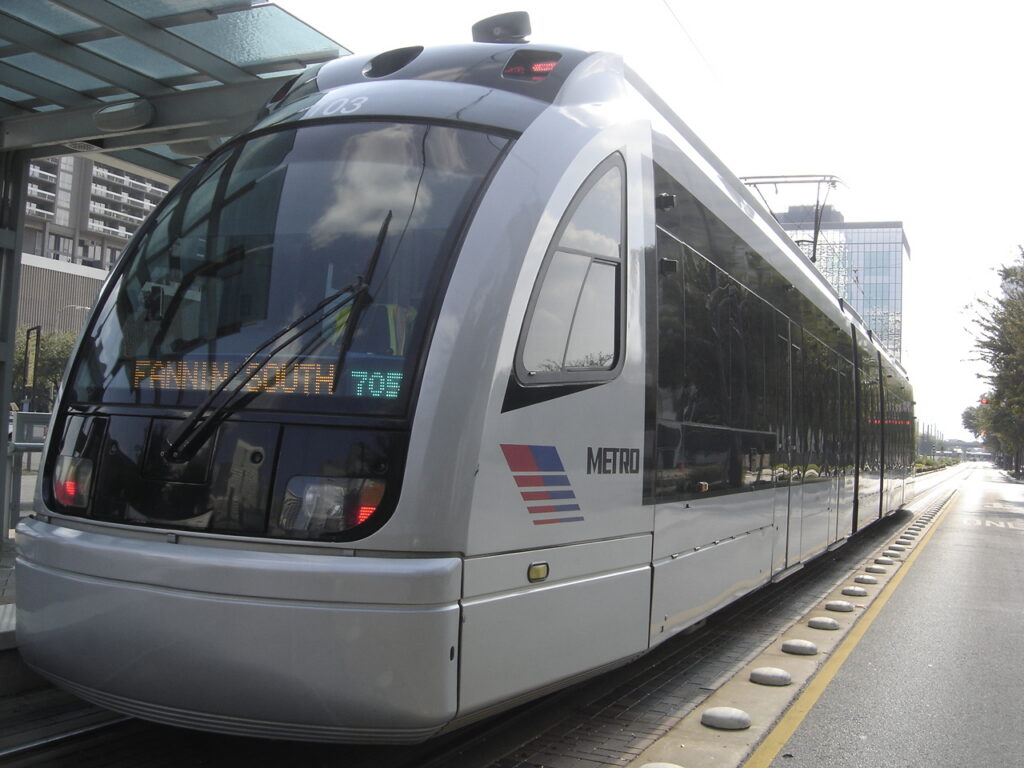 A METRORail train in downtown Houston