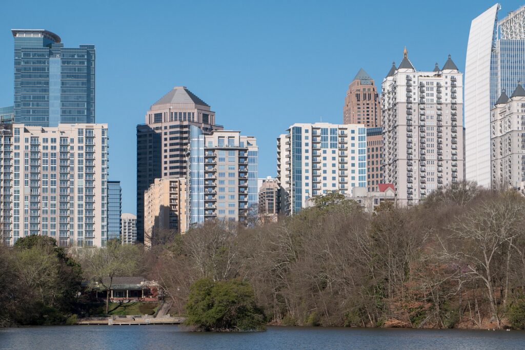 The Midtown Atlanta skyline across Lake Clara Meer in Piedmont Park