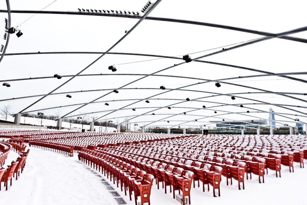 Millennium Park in downtown Chicago under snow in winter