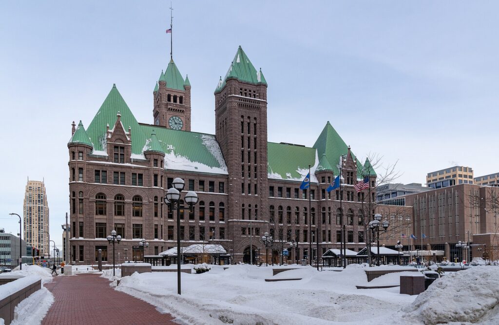 Minneapolis City Hall and a snow-covered Government Plaza in winter