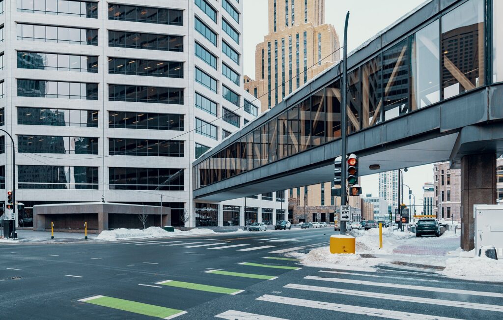 An enclosed skyway over 3rd Avenue South in downtown Minneapolis in winter