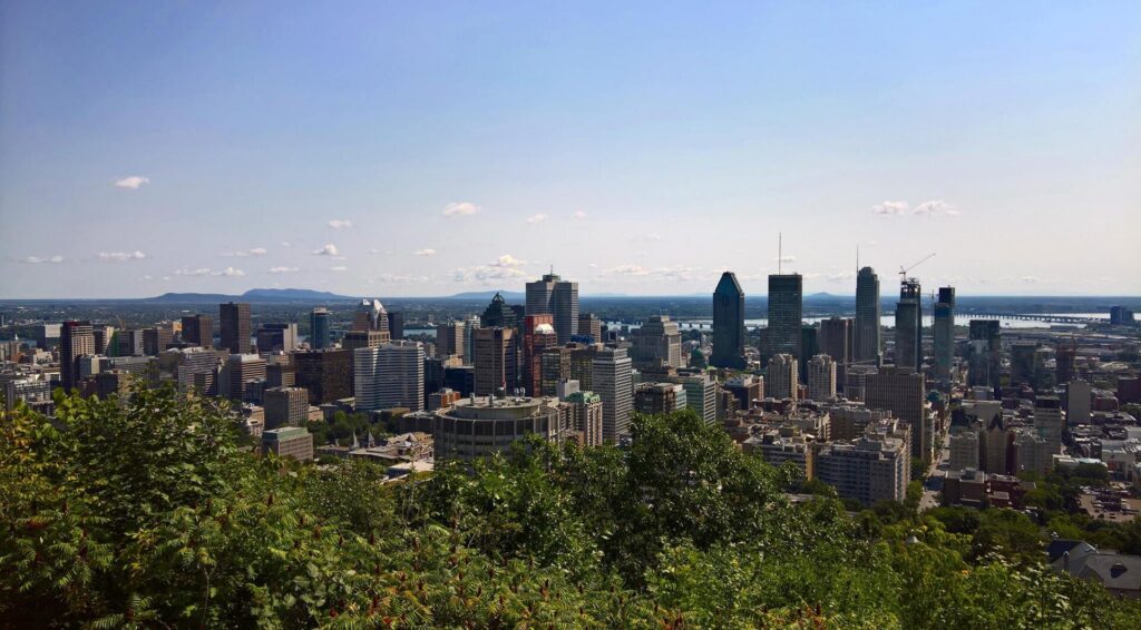 The Montreal skyline from the Kondiaronk lookout on Mount Royal
