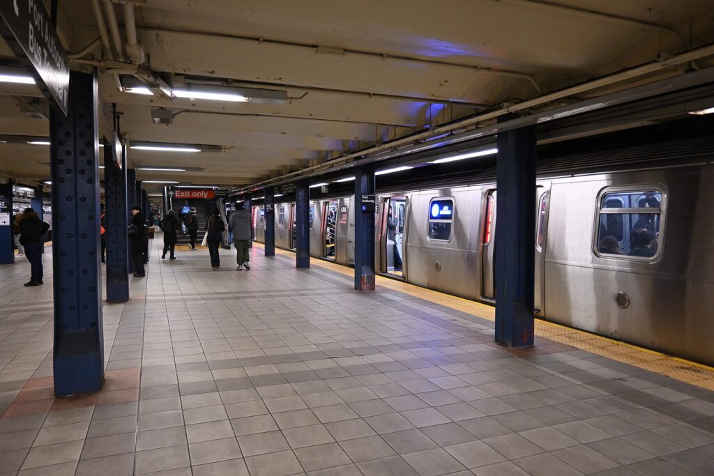 An A train at the 42nd Street station in Midtown Manhattan