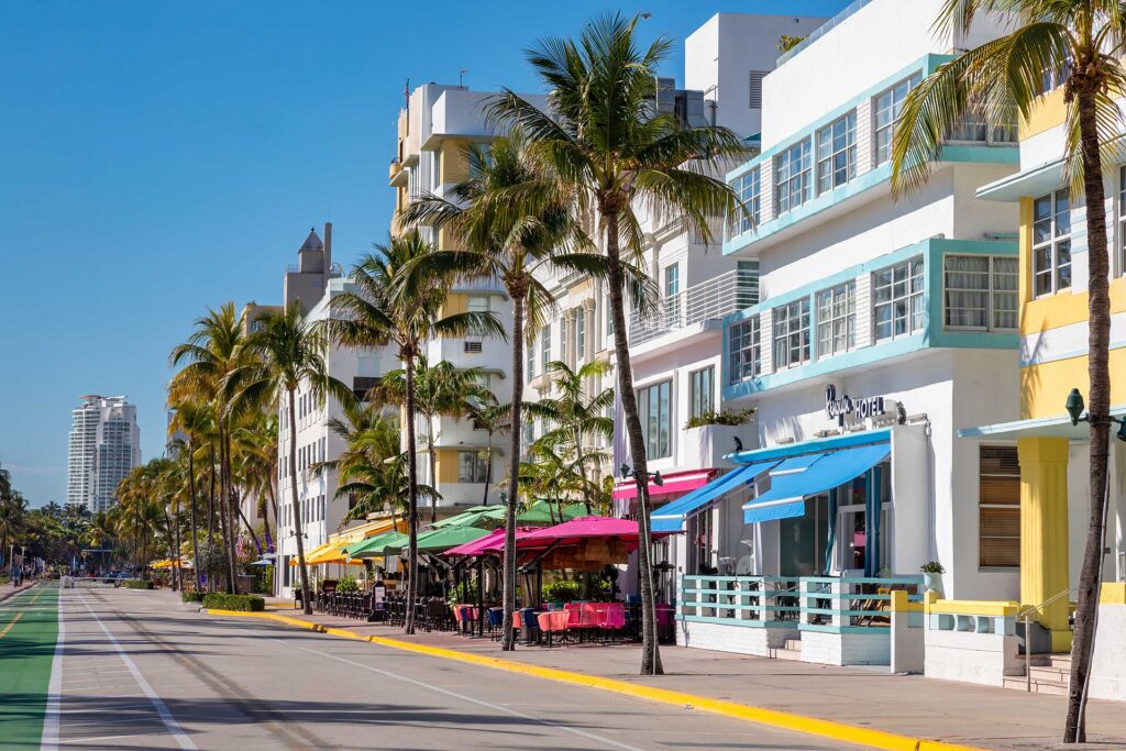 Pastel Art Deco hotels along Ocean Drive in South Beach