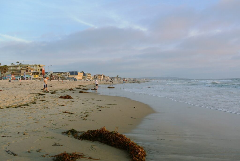 The sand and surf at Pacific Beach in San Diego