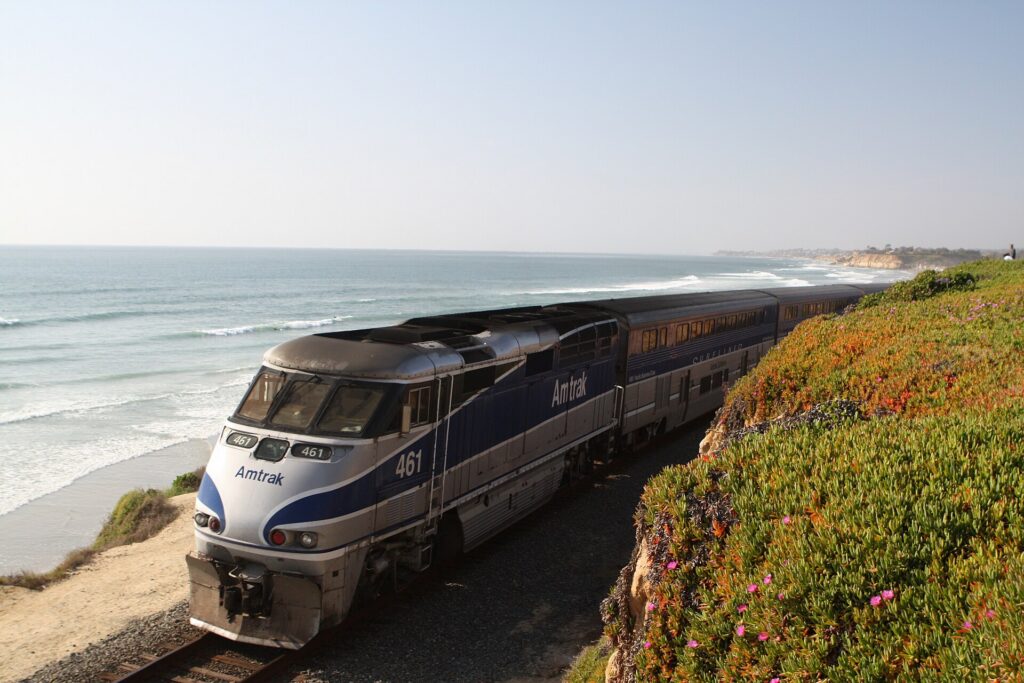An Amtrak Pacific Surfliner train in Del Mar, north of San Diego