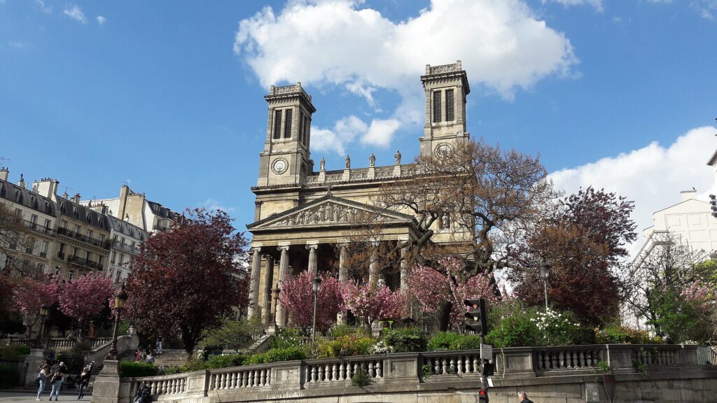 Spring blossom in front of the church of Saint-Vincent-de-Paul in Paris