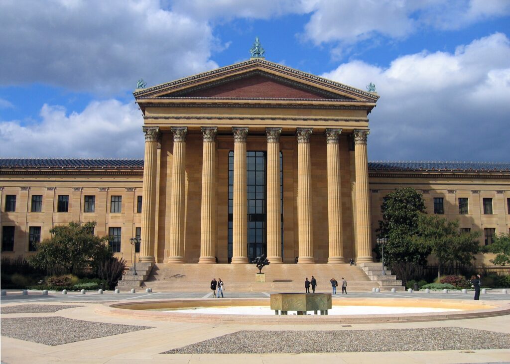 The main building of the Philadelphia art museum at the top of the Benjamin Franklin Parkway