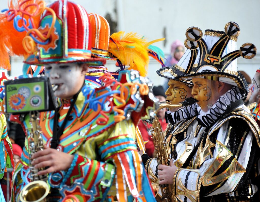 Costumed performers in the Mummers Parade on New Year's Day in Philadelphia